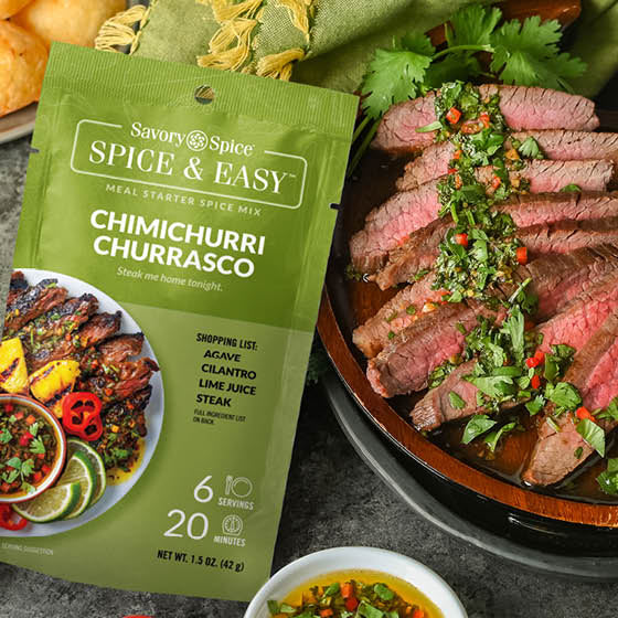 Chimichurri Churrasco Spice & Easy Mix with finished dish in the background