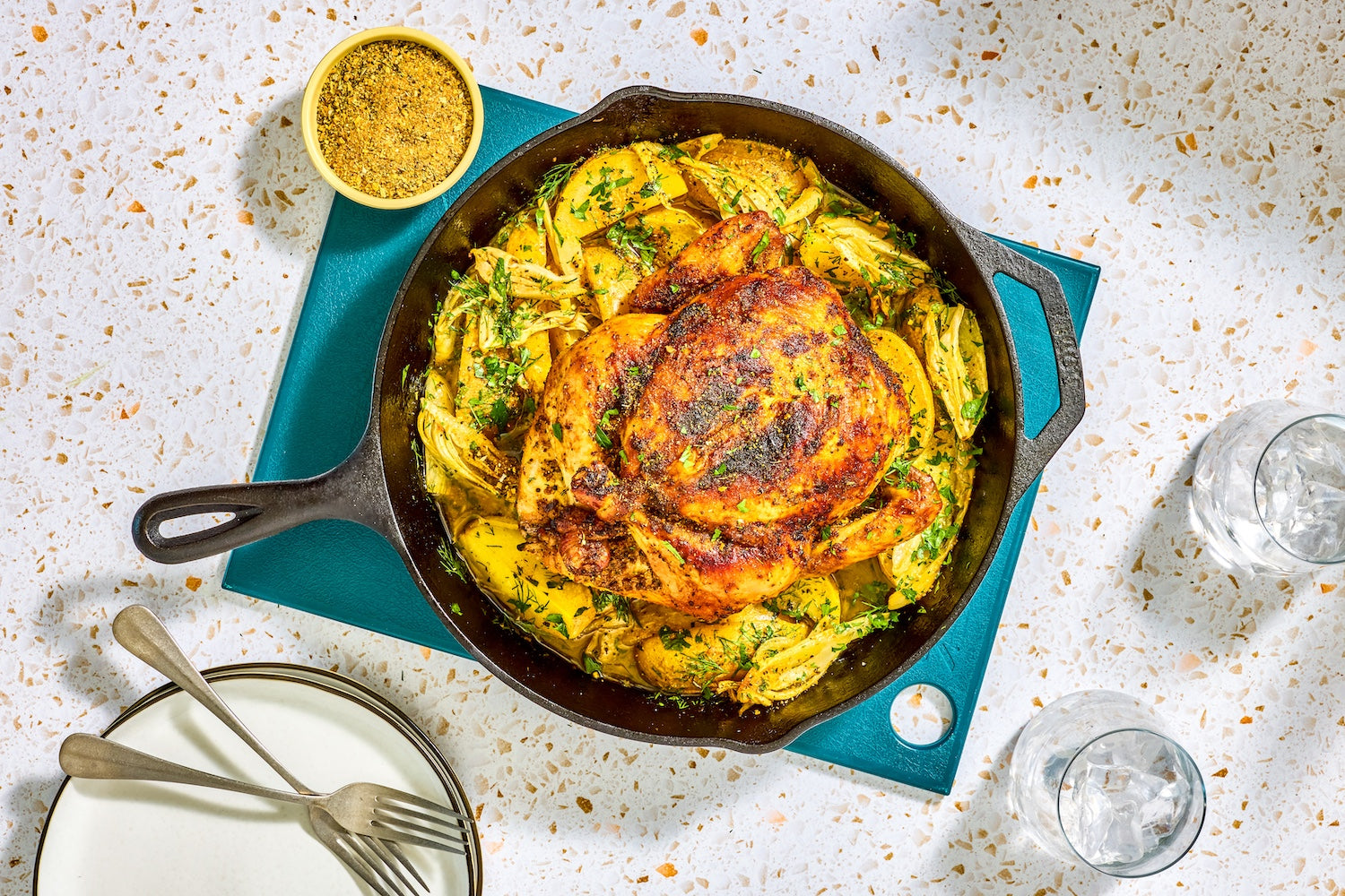 Whole Roast Chicken with Lemon Potatoes and Fennel