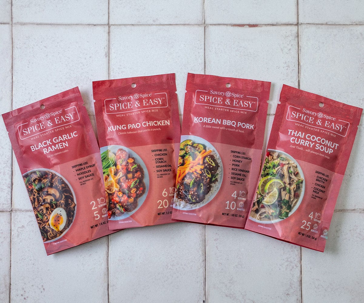 Black Garlic Ramen, Korean BBQ Pork, Kung Pao Chicken, Thai Coconut Curry Soup Mixes