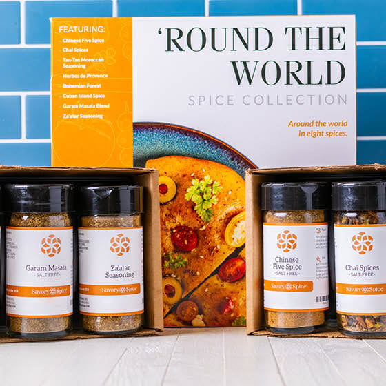 'Round the World Spice Collection box in background with jars in front