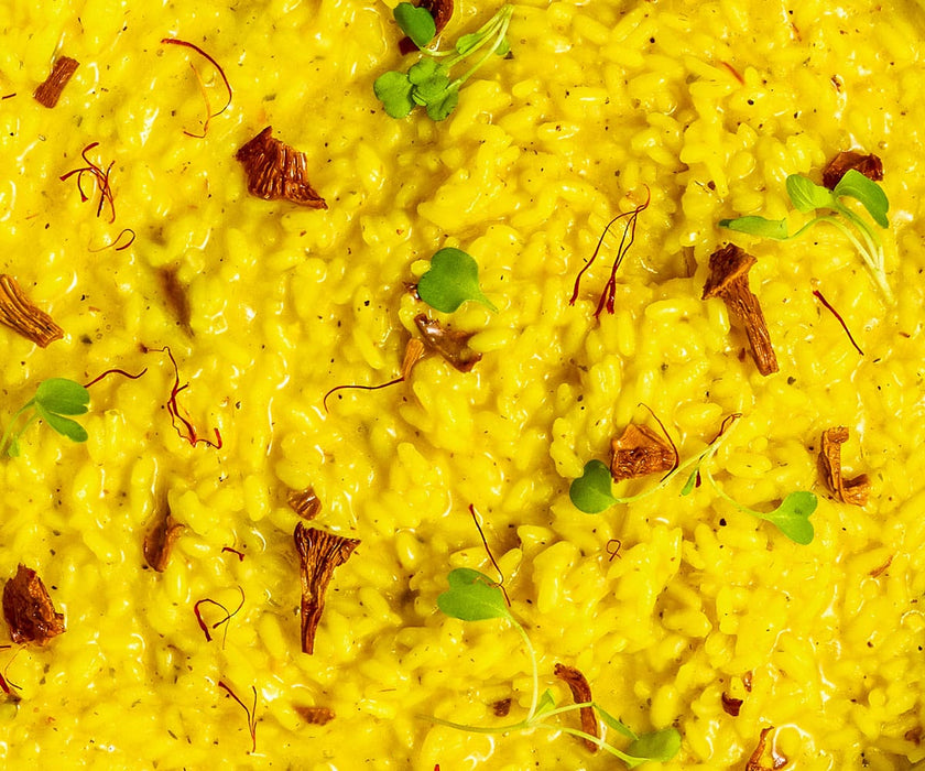 Up close shot of a finished plate of the Saffron and Chanterelle risotto.